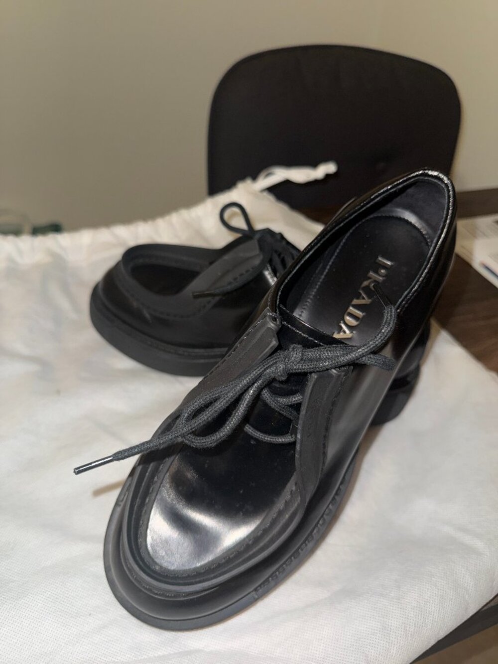 PRADA 2EG421 Black Leather Lace-Up Shoes Size 8.5 - Unisex